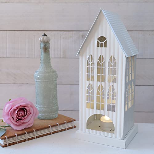 12.5-Inch Tall Rustic White Galvanized Metal Decorative Tin House Candle Holder