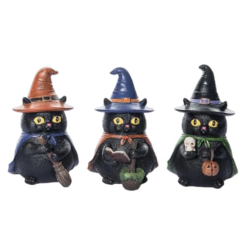 Set of 3 5-Inch Vintage Black Cat Halloween Figurines in Witch Hats & Costumes