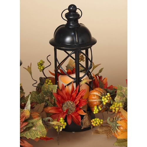 13.75-Inch Rustic Black Metal Thanksgiving Lantern Light Up LED Candle Holder w/Timer, Fall Accents