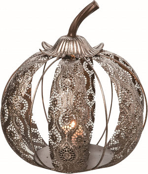 10 Inch Elegant Decorative Silver Filigree Metal Pumpkin Votive Tea Light Candle Holder for Thanksgiving, Halloween and Fall Table Decor – Fall Wedding Harvest Centerpiece Decoration