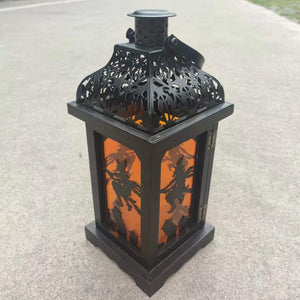 13-Inch LED Light Up Black Wood & Metal Halloween Lantern with Spooky Witch Silhouette, Orange Panes and Timer – Indoor Outdoor Decorative Hanging Tabletop, Mantel, Shelf Home Decor