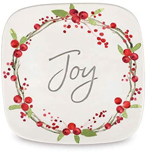 7-Inch Square Joy Decorative Christmas Plate with Berry Wreath Pattern – Winter Dessert Party Dish Home Decor – Ceramic Holiday Tableware Decoration