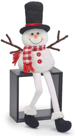 24-Inch Stuffed White Snowman Shelf Sitter Doll w/ Long Legs, Top Hat and Red Scarf – Fun Festive Xmas Christmas Tabletop Mantel Plush Fabric Decoration – Decorative Winter Home Decor