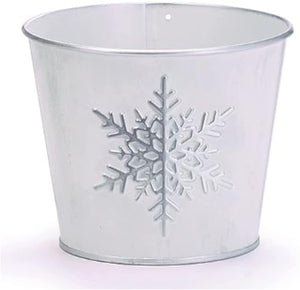 4-Inch Distressed White Tin Metal Plant Pot Cover w/Silver Embossed Snowflake – Indoor Outdoor Christmas Xmas Planter – Decorative Plant Flower Succulent Holder Winter Home Decor