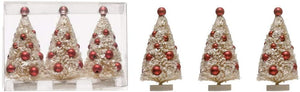 Set of 3 White Sisal Bottle Brush Christmas Trees with Red Ornaments on Wood Bases - Small Pre Decorated Holiday Decor