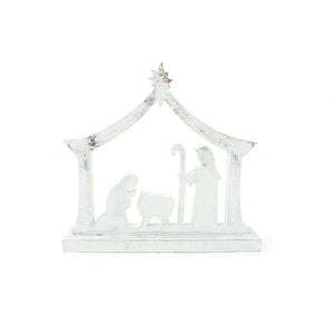 Antiqued White Washed Wooden Christmas Nativity Scene - Holiday Shelf Sitter Decoration