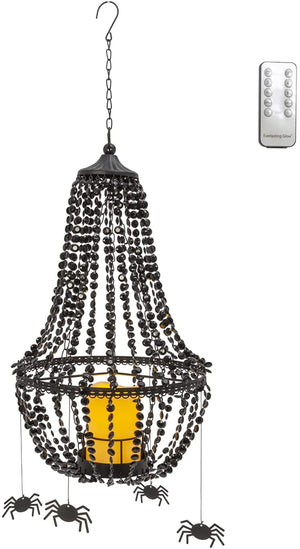 5-Inch Lighted Spooky Black Beaded Metal Chandelier Lamp with 6 Spiders, LED Candle, and Remote Control