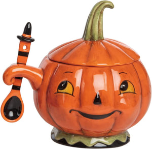 8-Inch Vintage Ceramic Jack-o’-Lantern Halloween Pumpkin Character Sugar Dish Bowl w/ Spoon and Lid – Decorative Party Kitchenware Decoration – Spooky Kitchen Counter Table Home Decor