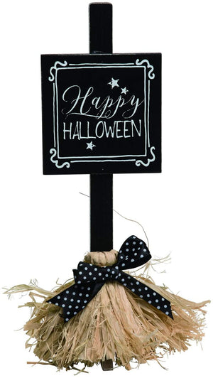 Whimsical Witch Broom Halloween Sign – Tabletop Halloween Decoration (Happy Halloween)