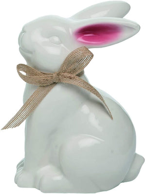 Rustic Ceramic Sitting White Bunny Figurine with Burlap Bow – Tabletop Easter Decoration – Spring Home Decor