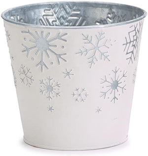 4-Inch White Tin Metal Plant Pot Cover w/Embossed Silver Snowflakes – Indoor Outdoor Christmas Xmas Planter Decoration – Small Decorative Elegant Flower Succulent Winter Home Decor