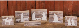 6 Piece Rustic Wood Block Nativity Set Manger Scene with White Silhouette Designs - Decorative Religious Christmas Rearrangeable Tabletop Signs - Country Farmhouse Christian Home Decor