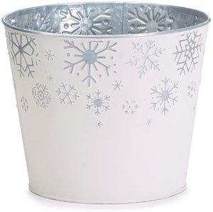 6-Inch Embossed White Tin Metal Plant Pot Cover w/Silver Snowflakes – Indoor Outdoor Christmas Xmas Planter Decoration – Decorative Elegant Flower Succulent Holder Winter Home Decor
