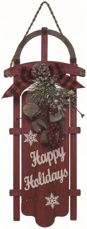 20-Inch Rustic Vintage Hanging Wooden Decorative Red Christmas Sled Sign w/ Pinecone, Red Berries, Plaid Bow - Xmas Ornament Toboggan Decoration - Front Door Wall Art Hanger Home Decor