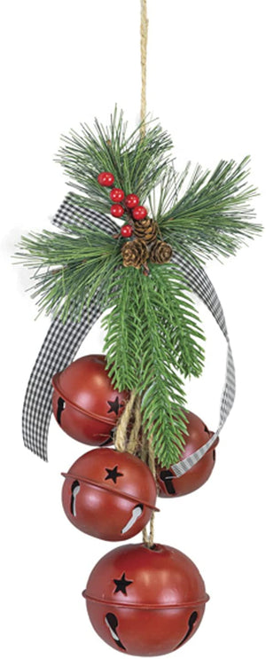 14-Inch Christmas Black Sleigh Bell Door Hanger Decoration with Plaid Ribbon, Artificial Pine and Berry Accent – Rustic Indoor Outdoor Decorative Xmas Country Farmhouse Home Decor