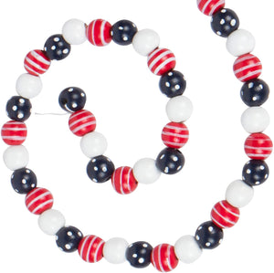 9 Foot Decorative Red White and Blue Wood Bead Garland with Dots and Stripes – Vintage Patriotic July 4th Decoration Rustic Americana Home Décor