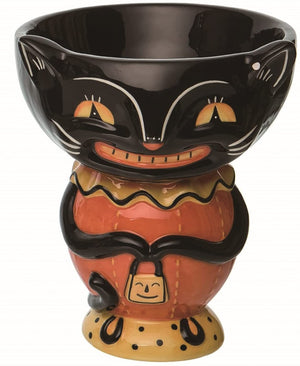 Vintage Halloween Fall Black Cat Character Ceramic Candy Bowl Treat Serving Dish on Pedestal Party Tableware