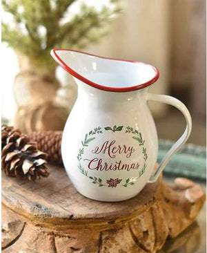 7-Inch Rustic White, Red and Green Merry Christmas Decorative Enameled Metal Pitcher Jug with Handle - Country Farmhouse Tabletop Flower Vase - Festive Winter Kitchen and Home Decor