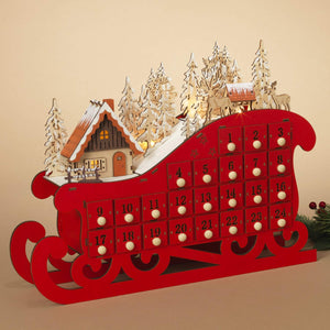 LED Lighted Red Wooden Bavarian Sleigh Advent Calendar - Christmas Countdown Decoration with 24 Storage Drawers