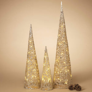 Lighted Set of 3 Gold Glitter Cone Christmas Trees - Light Up Holiday Decoration