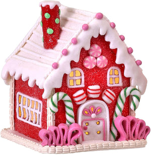 5-Inch LED Light Up Red Faux Gingerbread House Tabletop Decoration w/Timer, Candy Glitter, Frosting Accents – Lighted Decorative Christmas Party Winter Home Decor