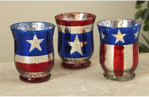 Set of 3 Americana Mercury Glass 4-Inch Hurricane Votives – Tabletop Patriotic Star Candle Holder Decoration – 4th of July Home Decor