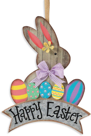 Rustic Wood Happy Easter Bunny Sign with Egg Accents - Rabbit Front Door Decoration - Spring Wall Art Home Decor
