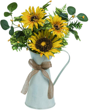 Rustic Metal Pitcher Vase with Artificial Sunflower Arrangement – Tabletop Country Home Decor – Floral Farmhouse Spring or Summer Decoration