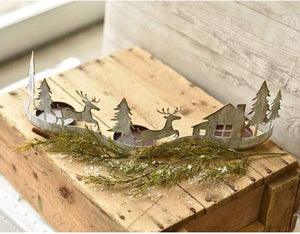 20-Inch Long Rustic Distressed Silver Metal Christmas Tree House Reindeer 3 Pillar Mantel Candle Holder - Vintage Xmas Tabletop, Shelf Decoration - Country Farmhouse Home Decor