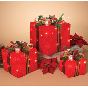 Set of 3 Lighted Holiday Red Sisal Gift Boxes - Tabletop Christmas Decoration