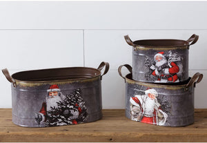 Decorative Set of 3 Rustic Galvanized Metal Oval Santa Claus Nesting Tins - Christmas Buckets with Handles Party Decoration - Indoor Outdoor Country Farmhouse Pails Xmas Home Decor