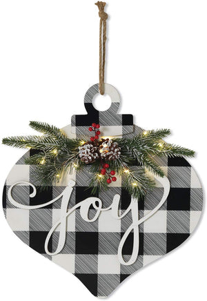 LED Lighted Wood Christmas Ornament Joy Sign with Pine and Berry Accents - Rustic Light-Up Holiday Wall Art Decoration - Indoor Outdoor Winter Farmhouse Front Door Decor