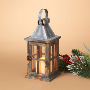 Rustic Pine Wood Lantern with LED Candle and Timer - Tabletop Wedding or Holiday Decoration