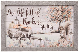 Rustic Fall Scene Wooden Wall Art Sign with Galvanized Metal Frame, Pumpkins, Woodland Squirrel, and Thanksgiving Saying