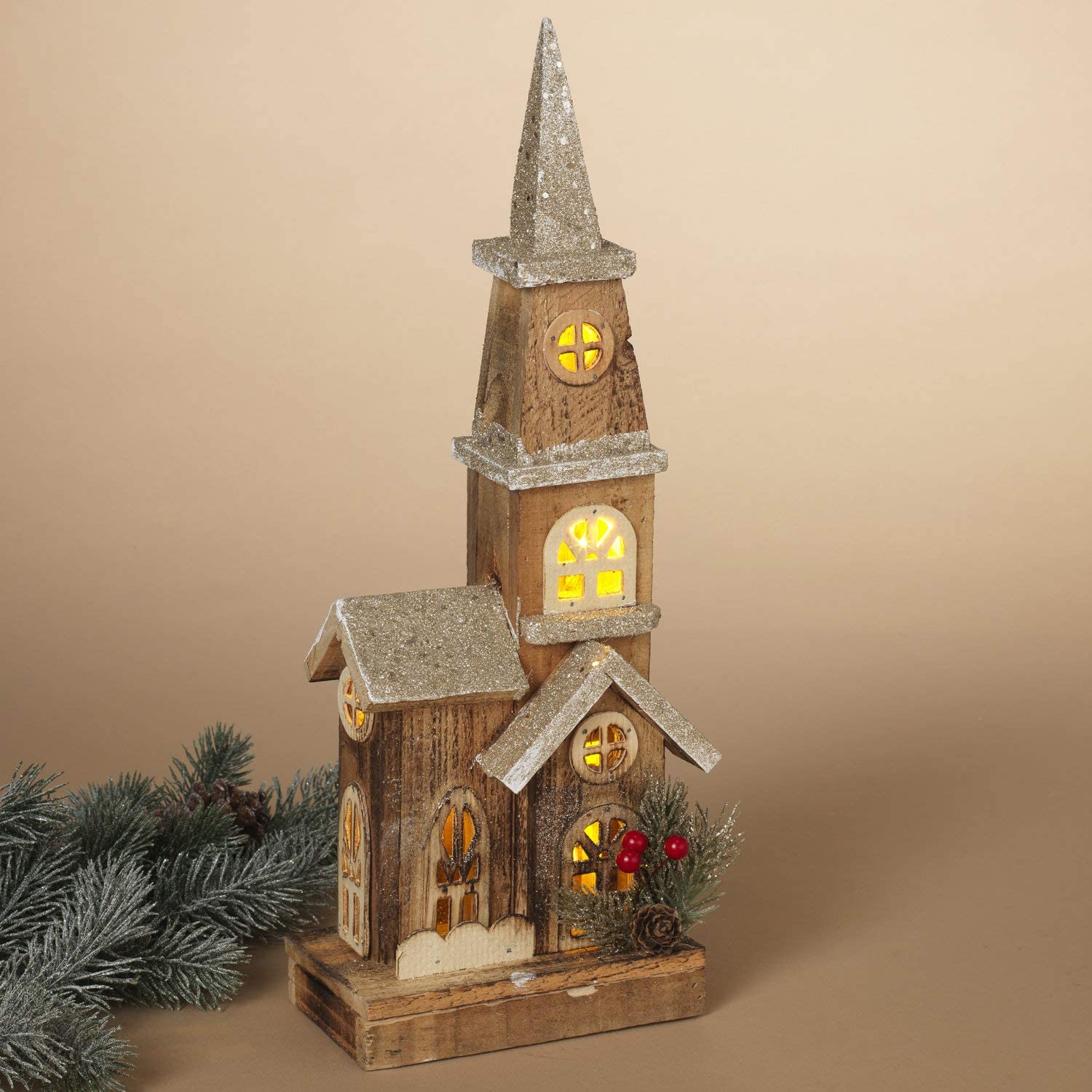 16-Inch Decorative LED Light Up Rustic Wood Church with Steeple β Vintage Lighted Christmas Village House Country Farmhouse Mantel Decoration β Winter Tabletop Shelf Home Decor