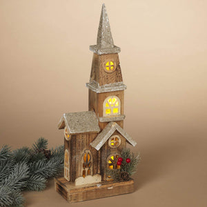 16-Inch Decorative LED Light Up Rustic Wood Church with Steeple – Vintage Lighted Christmas Village House Country Farmhouse Mantel Decoration – Winter Tabletop Shelf Home Decor