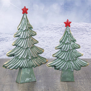 Set of 2 14-Inch and 12-Inch Vintage Rustic Green Metal Decorative Christmas Trees with Red Star Toppers - Xmas Ornament for Tabletop, Mantel or Shelf Decoration - Festive Home Decor