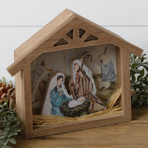 9.5-Inch Wooden Nativity Scene Manger Shadow Box with Holy Family Cutout and Raffia - Religious Christmas Tabletop Decoration - Decorative Rustic Country Farmhouse Christian Home Decor