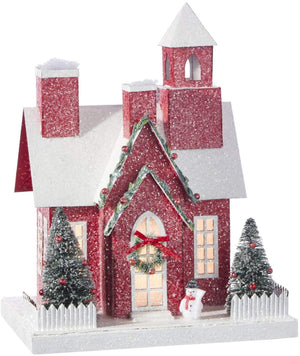 11.25-Inch Rustic Lighted Red Christmas House Decoration – Tabletop Decorative Holiday Home Decor with Timer