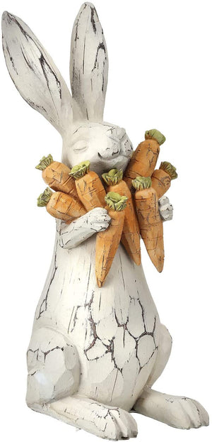 11-Inch Rustic Carved Wood-Look White Bunny Rabbit Hugging Carrots Figurine – Tabletop Easter Decoration – Spring Home Decor