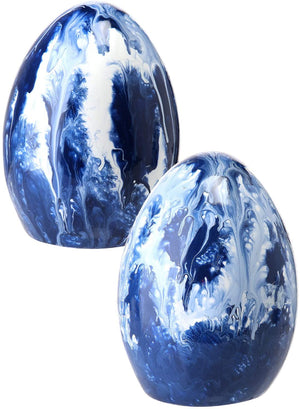 Set of 2 5.5-Inch Blue and White Marbled Terra Cotta Easter Eggs - Party Table Decoration - Spring Home Decor