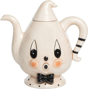 8-Inch Decorative Vintage White Ceramic Ghost Teapot with Lid - Halloween Party Tableware, Kitchen Serveware and Tabletop Decoration - Cute, Retro, Spooky Teaware for Home Decor