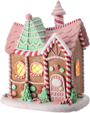9-Inch LED Light Up Faux Gingerbread Chalet House Tabletop Decoration with Timer, Colorful Frosting Accents and Glitter Finish – Prebuilt Lighted Decorative Winter Party Home Decor