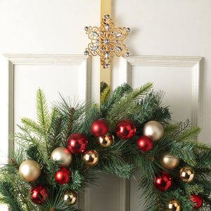 15-Inch Gold Metallic Snowflake Decorative Christmas Over Front Door Wreath Hanger Hook with Sparkly Clear Crystal Gemstone Accents - Elegant Modern Winter Xmas Home Decor