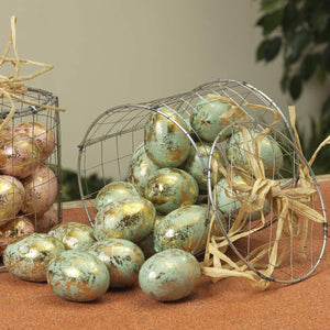 Set of 20 3-Inch Gold Marbled Easter Eggs in Wire Container with Raffia Bow - Easter Party Table Decoration - Spring Home Decor (Blue)