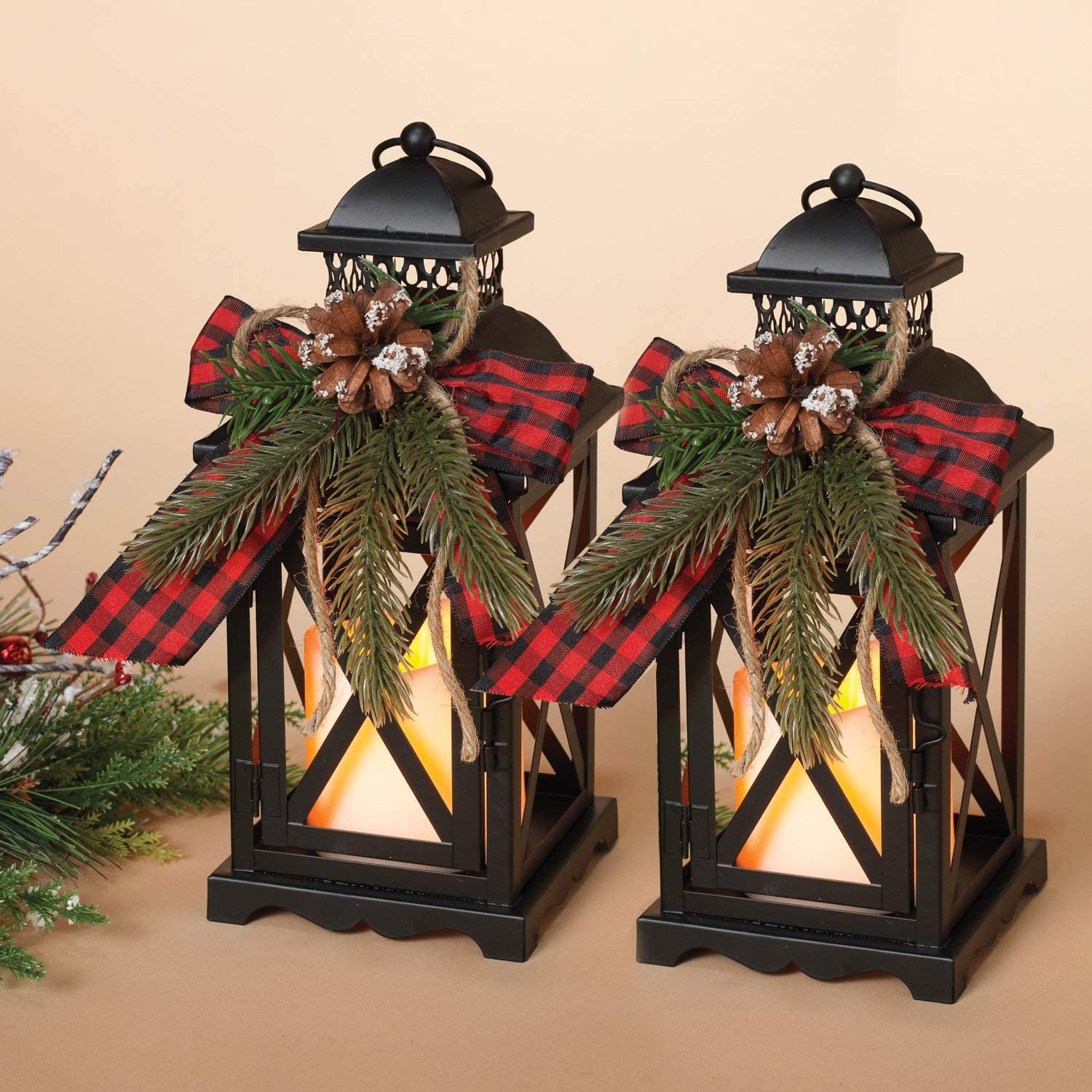 Set of 2 11-Inch Rustic Black Metal Lighted Holiday Lanterns with LED Candle, Timer, Greenery & Buffalo Plaid Ribbon