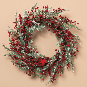 Holiday Red Berry and Snowy Greenery Wreath with Cardinal for Front Door - Hanging Christmas Decoration