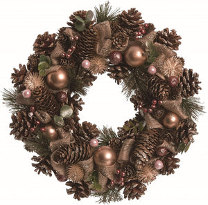13-Inch Rustic Brown Gold Fall or Christmas Wreath with Ball Ornaments, Glitter Pine Cones and Red Berry Accents - Xmas Holiday Front Door Decoration - Indoor Outdoor Country Home Decor