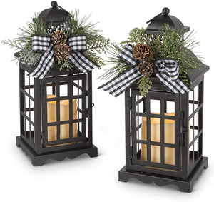 Set of 2 10.5-Inch Rustic Black Metal Christmas Holiday Lanterns w/ Flameless LED Candle, Pinecones, Greenery, Plaid Bow – Decorative Country Farmhouse Decoration – Winter Xmas Home Decor