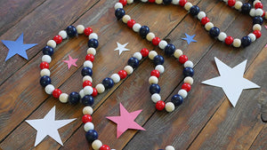 9 Foot Decorative Red White Blue and Natural Wood Bead Garland – Vintage Patriotic July 4th Decoration Rustic Americana Home Décor
